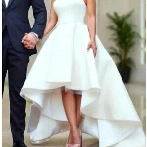 A Line Satin Plain High Low Short Wedding Dress